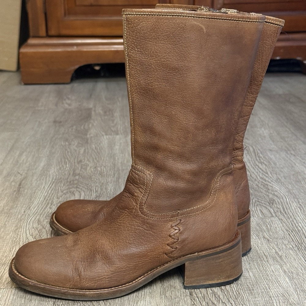 Vtg 70s Chelsea Cobbler Pebbled Brown Leather Boots Stacked Heel Zip Rustic Boho - Picture 2 of 9